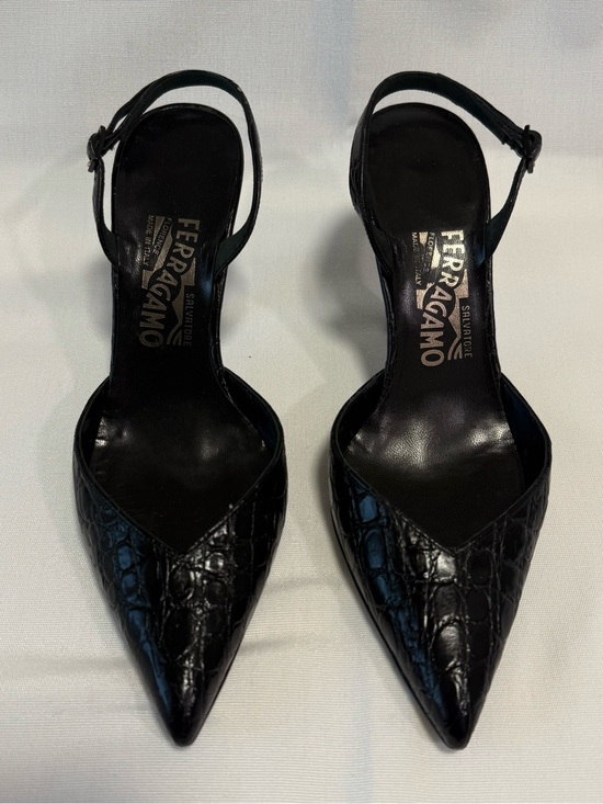 Salvatore Ferragamo Shoes - Salvatore Ferragamo Black Croc-Embossed Pointed Slingback Heels
